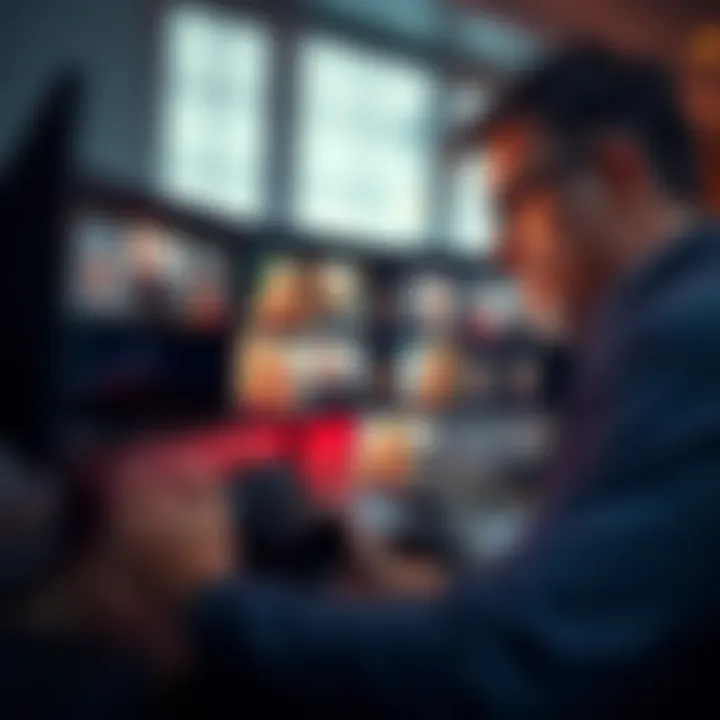 Photographer reviewing rejected bugle shots A photographer looks at a series of rejected bugle shots on a computer screen, analyzing the images with a serious expression