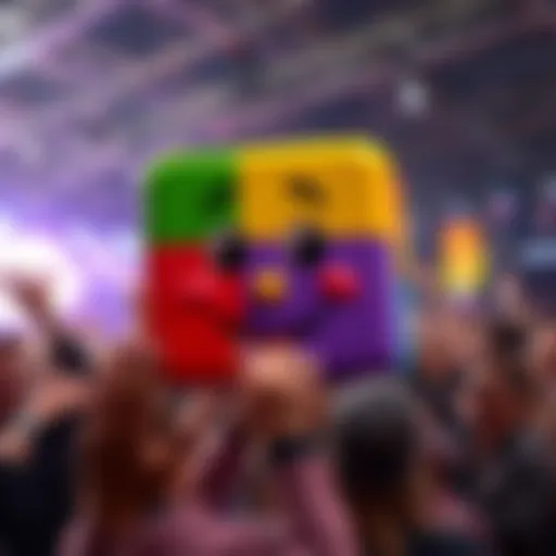 A colorful cube character named Phranque with a charming smile, surrounded by excited fans, showcasing his humorous personality.