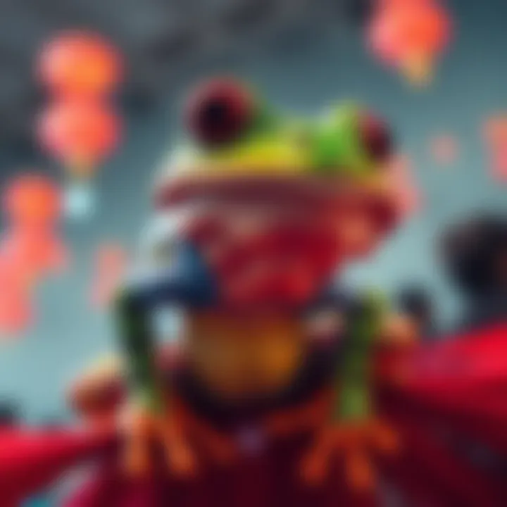 A vibrant illustration of a Phrog character, embodying energetic expressions and colorful designs, symbolizing the cultural impact of the Phrog phenomenon in 2025.