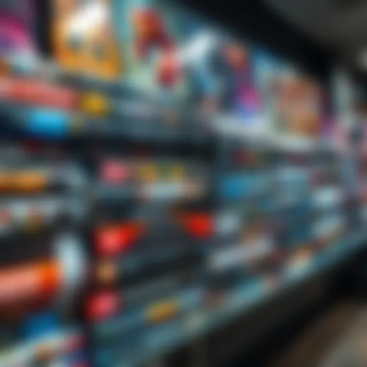 A collection of physical video game cases stacked on a shelf, showcasing various titles and colorful artwork.