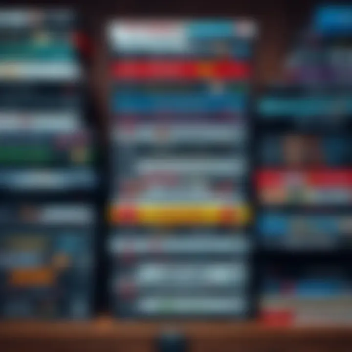 A collection of various physical disk games stacked on a shelf, showcasing their colorful covers and unique designs.