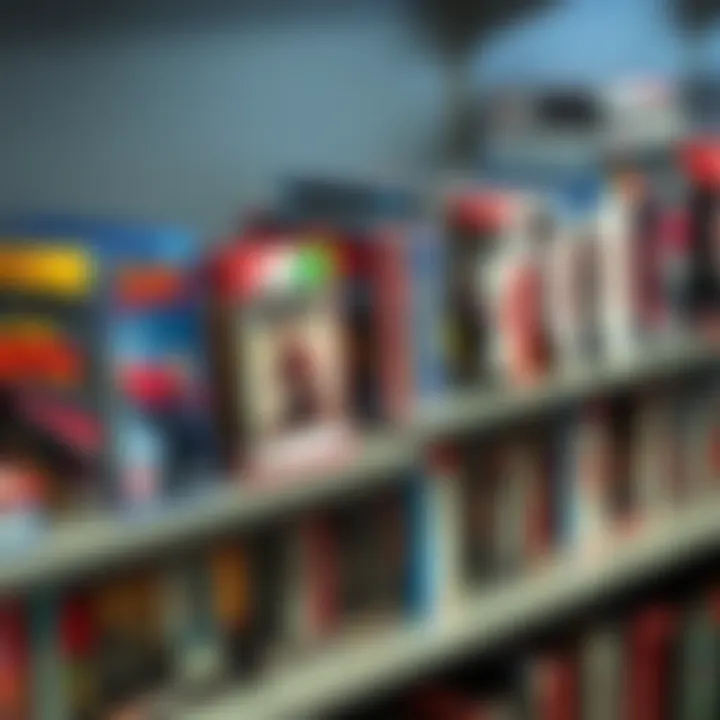 A variety of physical video games displayed on a shelf, showcasing different genres and sizes of game cases