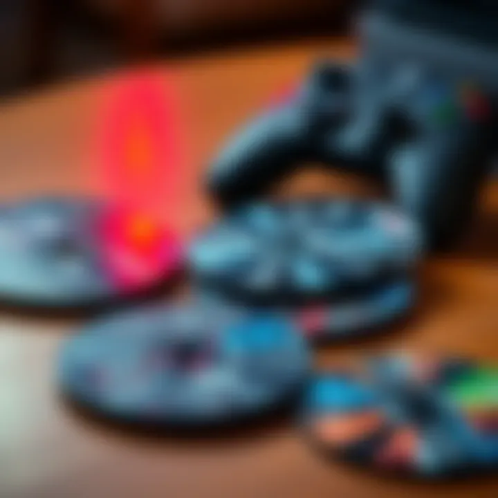 A collection of PC game discs displayed on a wooden table with a console controller in the background.