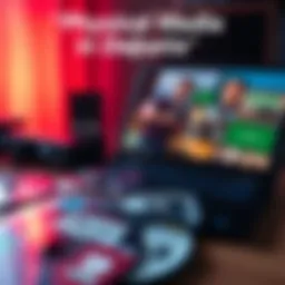 A collection of video game discs and a laptop displaying a digital download screen, showing the contrast between physical and digital media