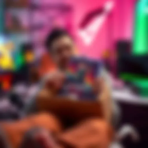 A person joyfully unboxing a physical copy of a PC game with vibrant artwork on the cover, surrounded by gaming accessories.