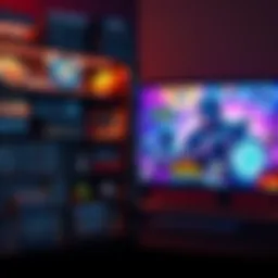 A split image showing a physical game collection on one side and a digital game library on a screen on the other side.