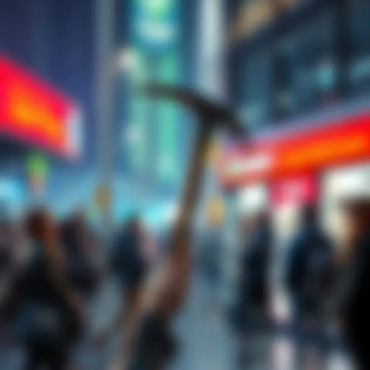 A person holding a pickaxe in a public area, surrounded by curious onlookers discussing the event.