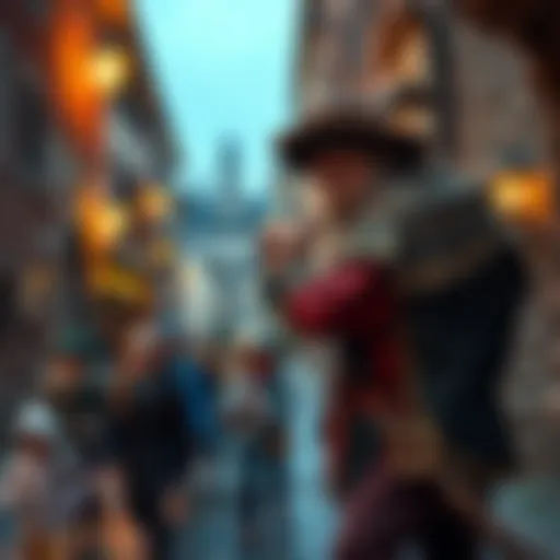 The Pied Piper playing a flute while leading a group of children down a cobblestone street