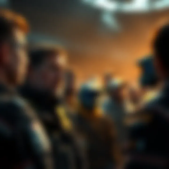 A concerned crowd discussing the allegations against Pierre Hintze regarding mismanagement in the Halo initiative.