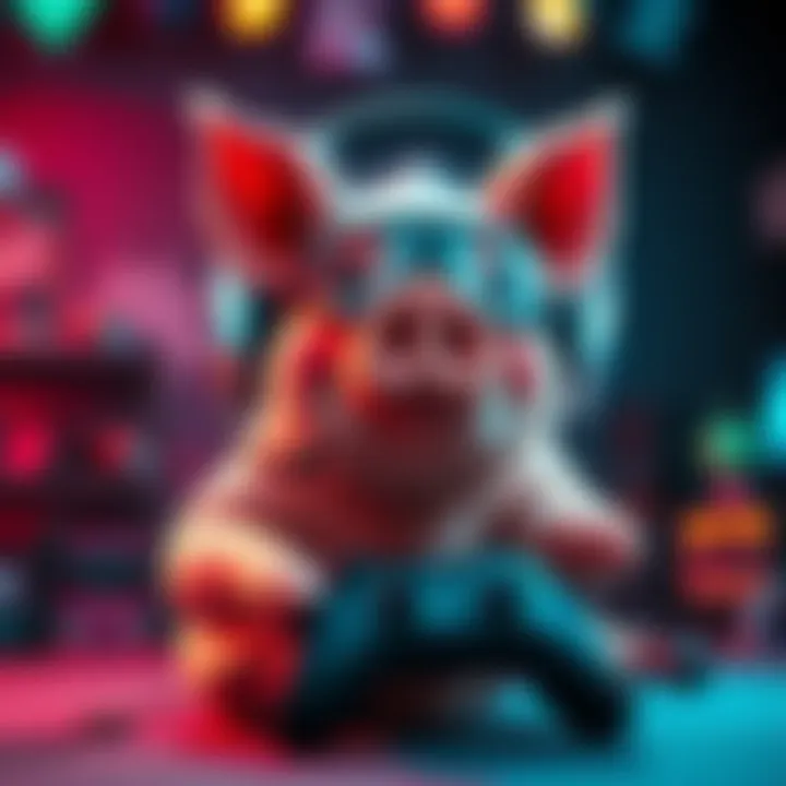 A colorful cartoon pig character with gaming accessories, like a headset and controller, showcasing a fun gaming atmosphere.