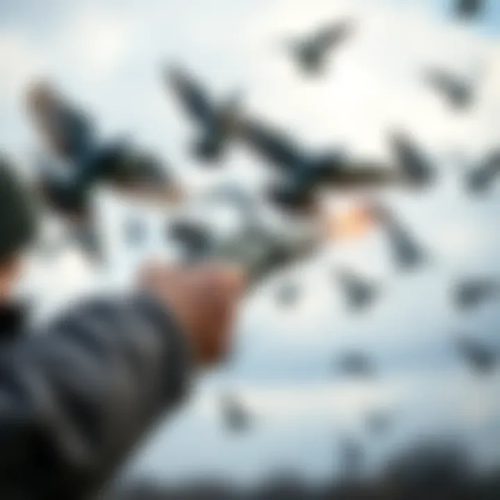 A person aiming a shotgun at flying pigeons in the sky, focusing on precision and timing.
