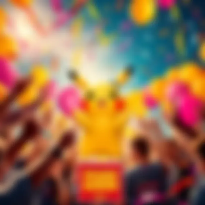 A vibrant celebration scene with confetti and balloons, highlighting Pikaboo's Diamond status achievement, surrounded by cheering people.