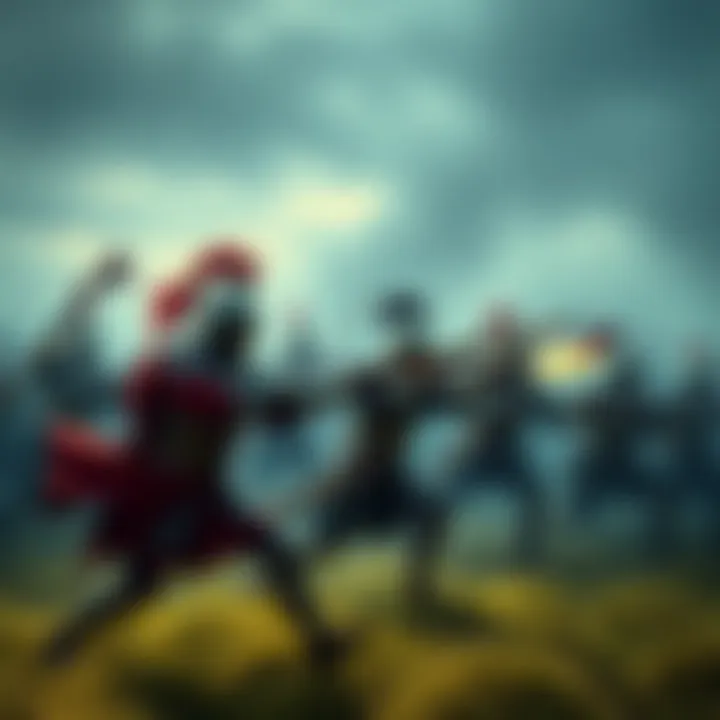 A historical scene depicting knights in armor and soldiers with early firearms battling in a 1600s setting.
