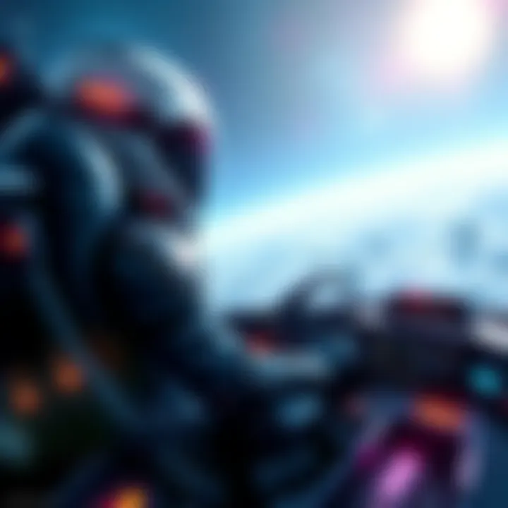 A pilot controlling a Titan in a futuristic environment, surrounded by stars and cosmic elements.