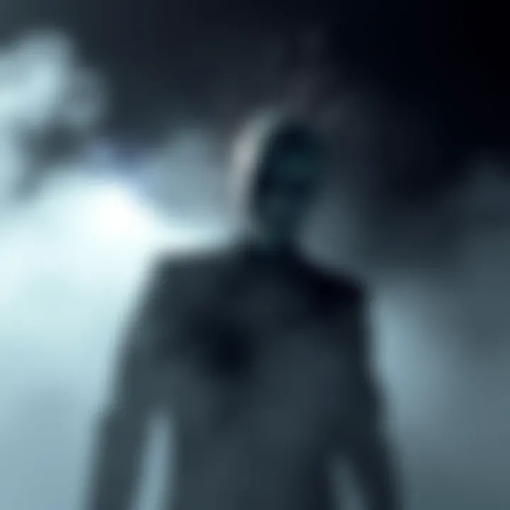 A dark figure representing Pinhead, with sharp metal pins on his face, standing ominously in a misty setting, symbolizing his return to the game.
