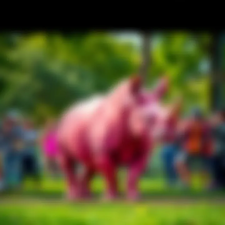 A vibrant Pink Rhino standing in a green park, surrounded by people taking pictures and discussing its cultural impact.