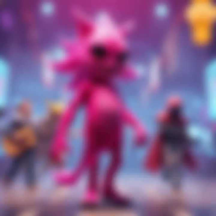 A vibrant pink creature standing tall with a friendly expression, surrounded by colorful background elements
