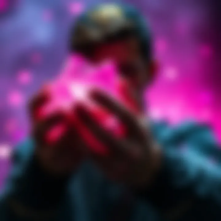 A person holds a glowing pink crystal with a bright aura, surrounded by colorful sparkles.