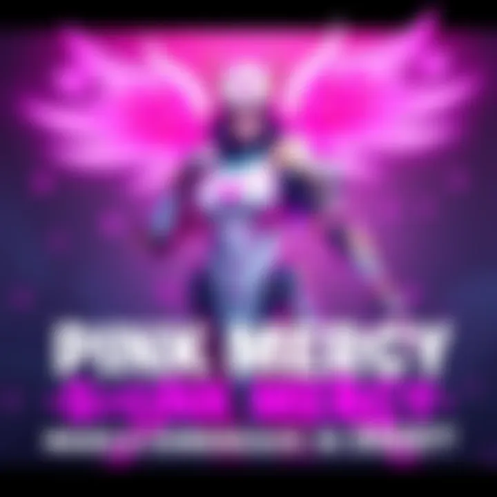 A vibrant depiction of the Pink Mercy skin from a popular video game, featuring pink and white colors with heart motifs, showcasing the character in an engaging pose.