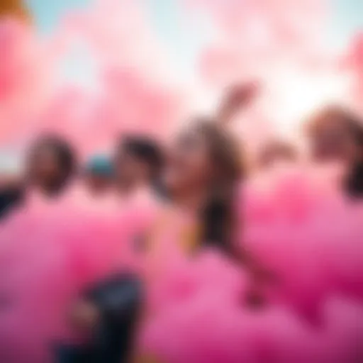 A group of people enjoying a pink misting event, surrounded by soft pink clouds and joyful expressions, capturing the essence of nostalgia and connection.