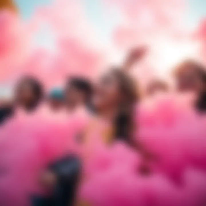 A group of people enjoying a pink misting event, surrounded by soft pink clouds and joyful expressions, capturing the essence of nostalgia and connection.