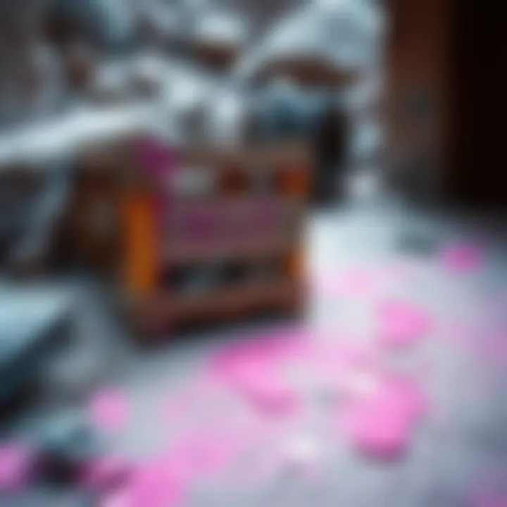 Close-up of pink paint splatters and footprints found near a crate in Buried City.