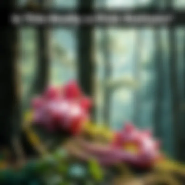 A Pink Rathian resting among trees, showcasing its unique pink scales and spiky tail