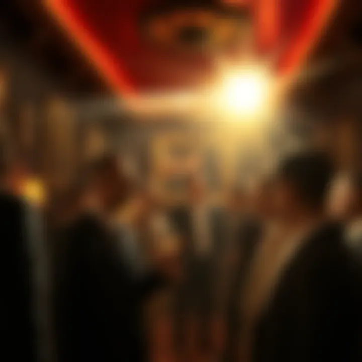 A dramatic scene in the Pinnacle Room showing tense interactions among guests, highlighting betrayal and secrecy.
