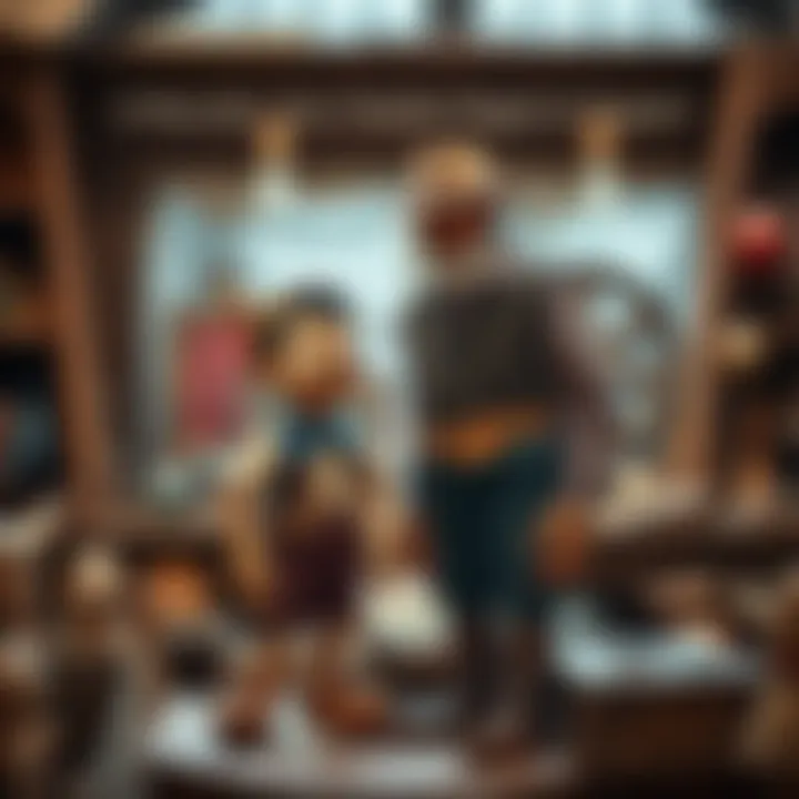Pinocchio and Geppetto A wooden puppet with a long nose standing beside an older man in a workshop, surrounded by tools and wooden toys, symbolizing transformation and identity.