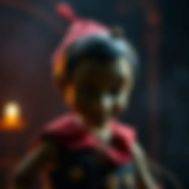 A representation of Pinocchio from Lies of P, showcasing his wooden features and a dark, atmospheric background reflecting themes of deceit and morality.