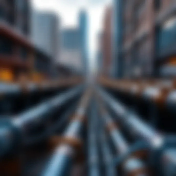 A network of pipes visibly carrying water through an urban area with buildings in the background.