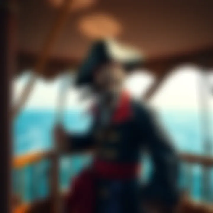 A lively pirate stands on a ship's deck, looking out over the ocean with a playful grin, dressed in traditional attire with a broad-brimmed hat and a sword at his side.