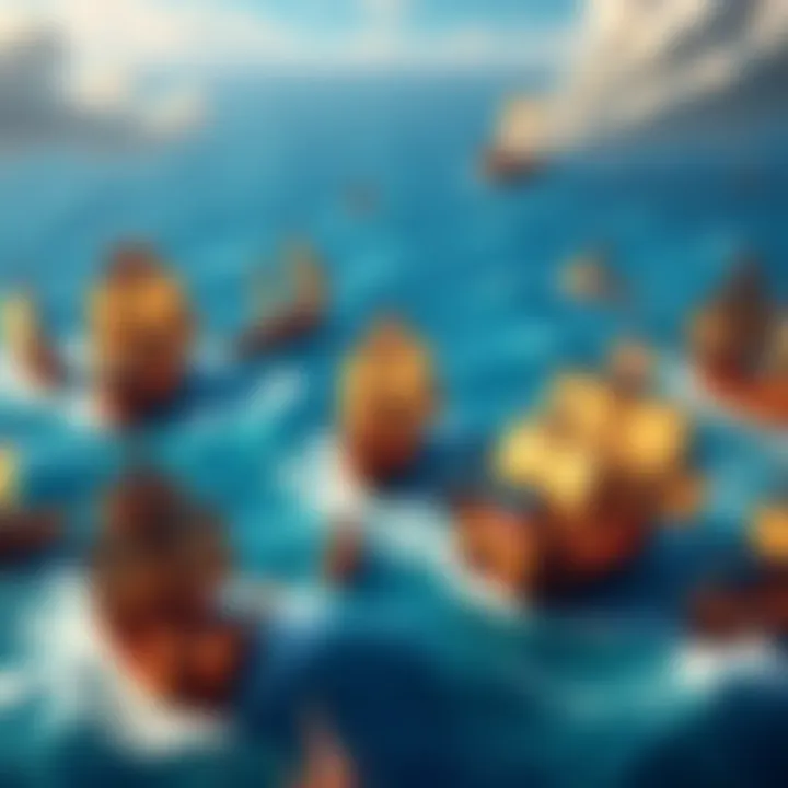 A vibrant pirate city with ships and crew bustling around, surrounded by vast ocean waves.