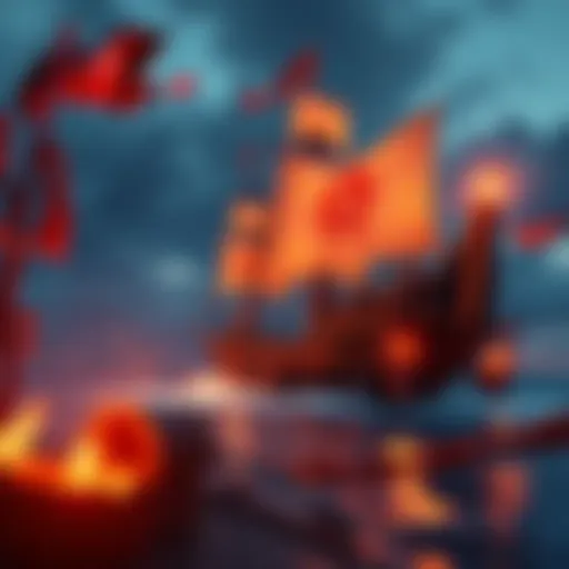 A pirate ship with flags, treasure chests, and pirates preparing for an adventure