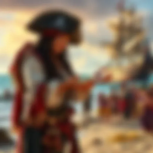 A pirate woman stands on a beach, joyfully distributing gold coins and jewels among grateful villagers, with a ship in the background.