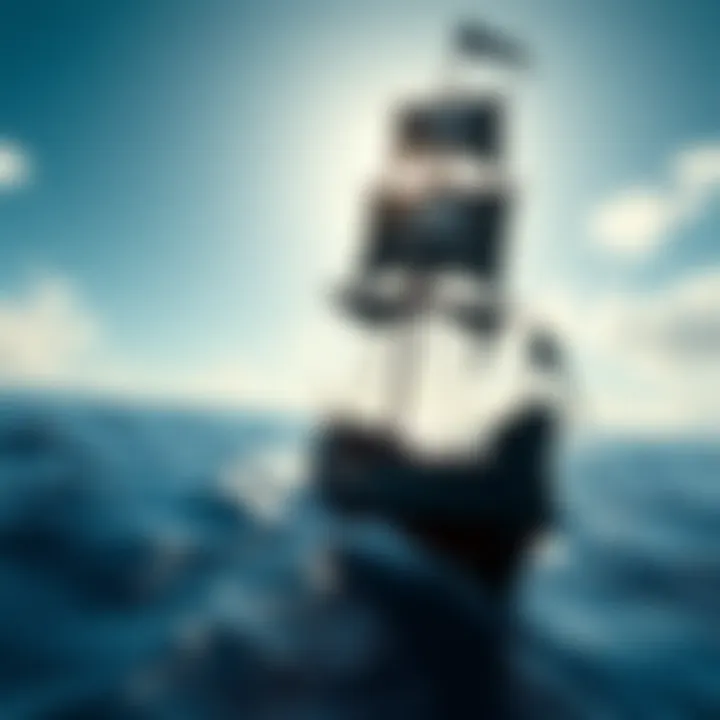Pirate ship sailing on the ocean A pirate ship from Black Flag navigating through waves under a bright sky