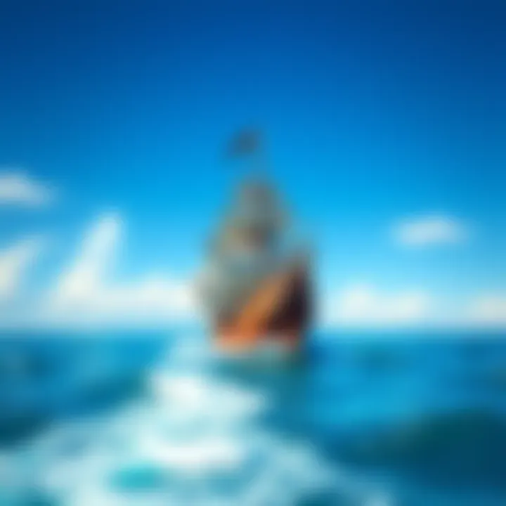 Pirate Ship on the Caribbean Sea A pirate ship sailing in the Caribbean, with waves splashing and a clear blue sky.