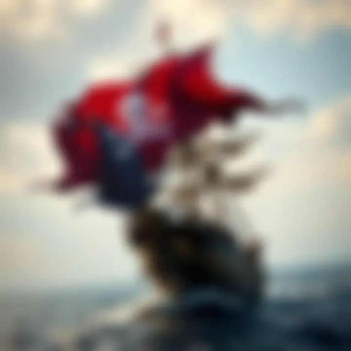 Pirate Ship with Classic Flag A classic pirate ship sailing with a distinct pirate flag in the background.