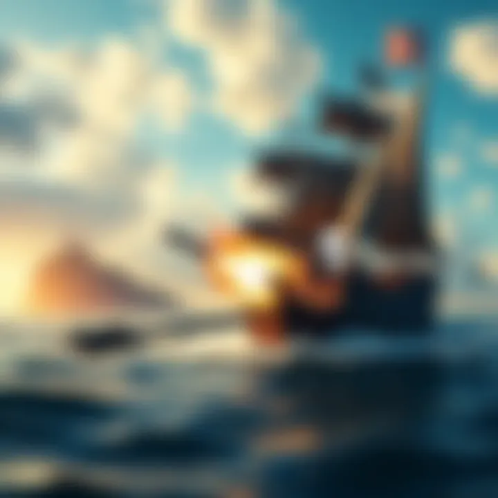 A pirate ship engaging in battle on open waters with cannons firing and a backdrop of a tropical island
