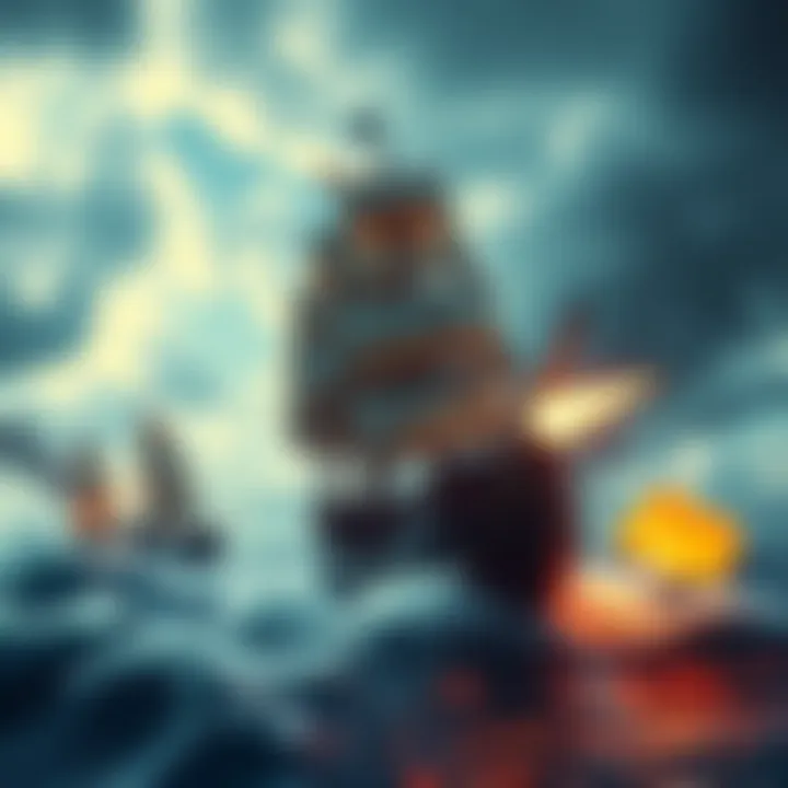 A pirate ship firing cannons at an enemy vessel during a fierce sea battle, with waves crashing around them.