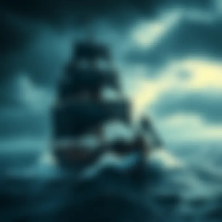 A pirate ship battles through stormy seas, with dark clouds overhead and waves crashing against the hull.