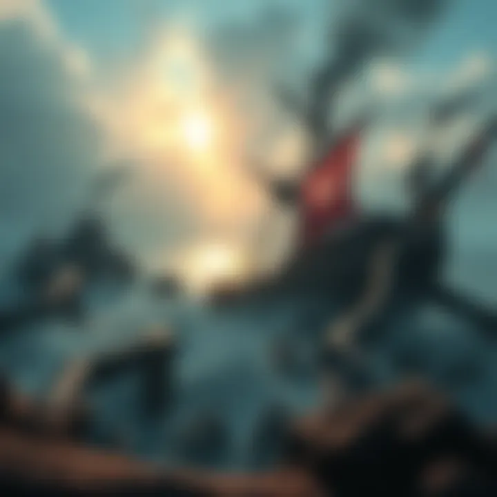 A dark fantasy setting featuring a massive shipwreck entwined with an island, with a character known as the 'drowned' exploring the ruins.