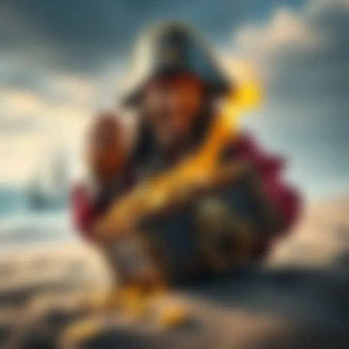 A pirate grinning while holding a chest full of gold coins and jewels on a beach