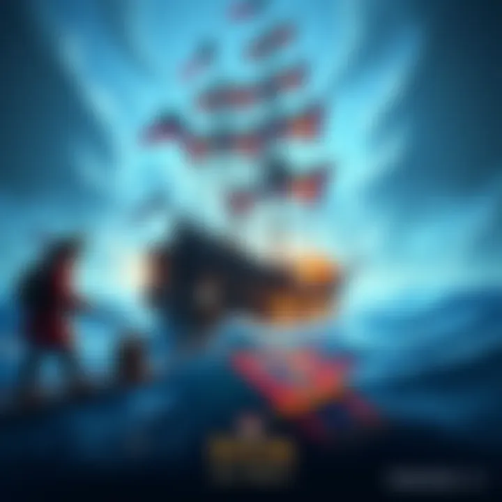 A pirate ship sailing through a vibrant ocean in Pirates VR: Jolly Roger, with characters engaging in action on deck.