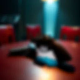 A pistol placed on a table with a dramatic light casting shadows, symbolizing tension in storytelling.