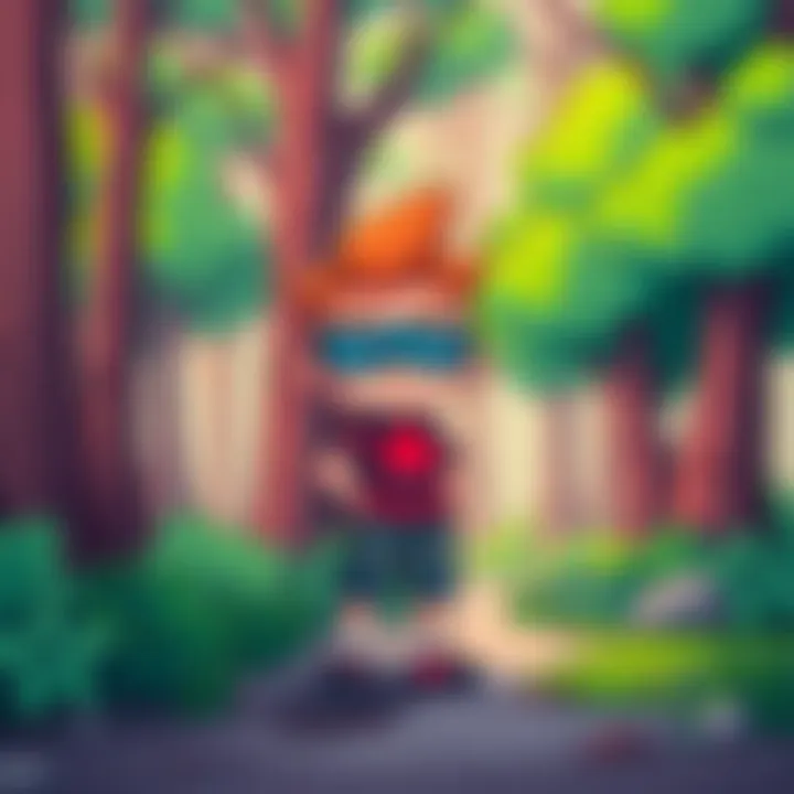 A colorful pixel art character stands in a hand-drawn forest setting, showcasing a mix of art styles.