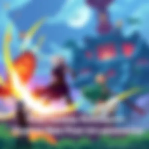 A vibrant pixel art scene featuring characters engaged in a turn-based battle with fantasy elements in the background.