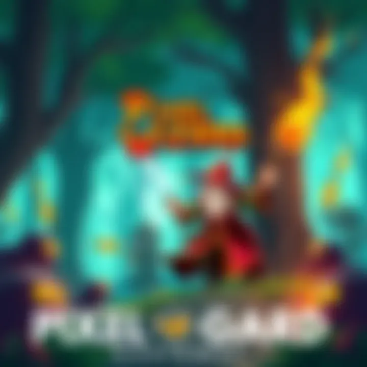 A colorful pixel art scene featuring a wizard casting spells in a forest fight against monsters