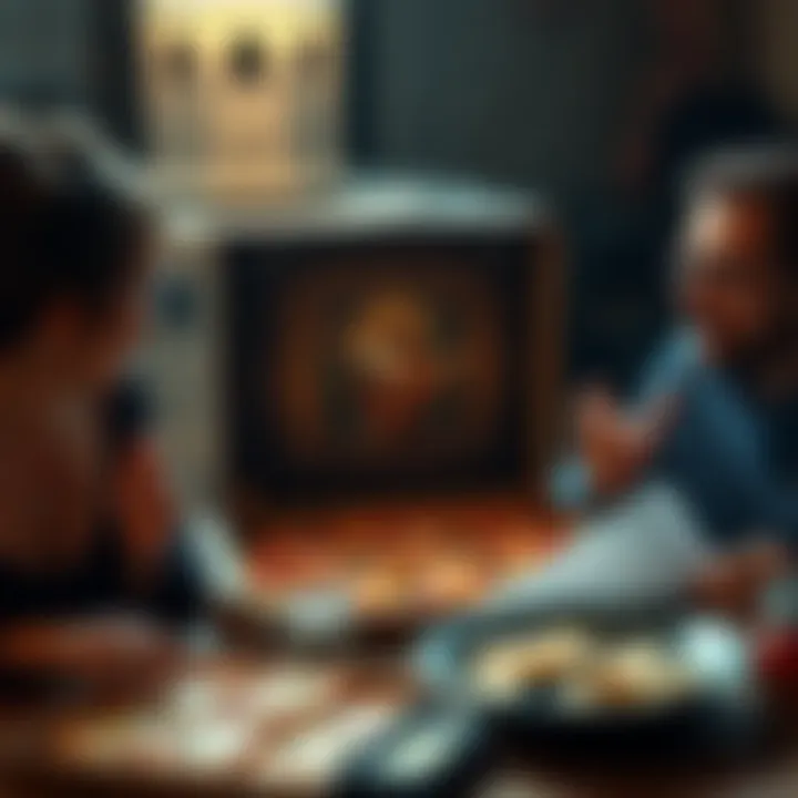 A pizza box featuring an image of the Penitent One, with a couple sharing a pizza in the background.