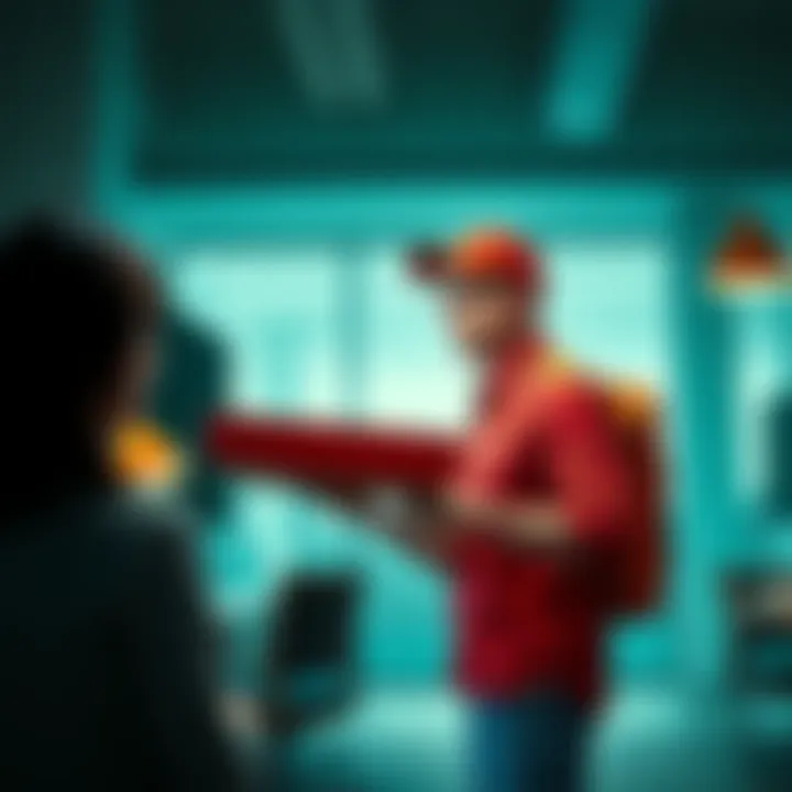 Pizza Delivery Frustration An irate delivery person stands holding a pizza box, looking frustrated as they face a surprised coworker in an office setting.